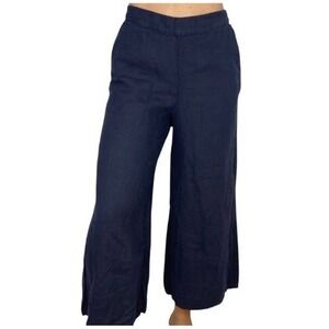 Tahari Linen Wide Leg Pants Women Medium Navy Blue Cropped Elastic Back EUC
